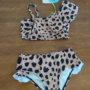 Marina West girl's two piece leopard print one shoulder ruffle top swim set 4-5